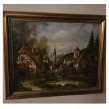 Framed Vintage Village Oil Painting