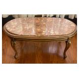 Stone Top Carved Wood Coffee Table