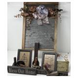 Primitive Style Washboard, Candles, Pictures