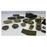 Assorted Belt Buckles, Patches,  Vintage Lighter