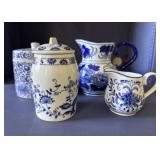 Blue and White Lidded Jars and Pitchers