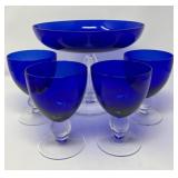 Cobalt Blue and Clear Glass Bowl and Glasses