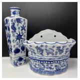Blue and White Wall Pocket and Vase