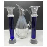 Cobalt Blue and Glass Candlesticks with Pitcher