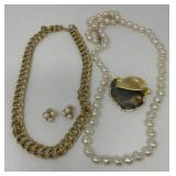 Pearl and Gold Necklaces, Earrings, Art Brooch