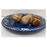 Redware Pie Dish, Wood Eggs and Ball