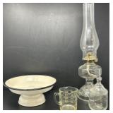 Oil Lamp, Vintage Measuring Cup, Pedestal Bowl