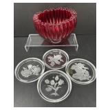Ruby Ribbon Bowl with Four Belgium Coasters