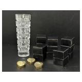 Brass Heart Place Card Holders, Crystal Vase