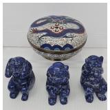 Trio of Blue Marble Monkeys and Enameled Box