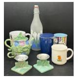 Bottle, Mugs, Teapot/Cup, Roseville Candleholders