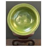 Large Green Pottery Plate with Wooden Stand