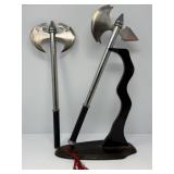 Two Short Battle Axes with Display Stand