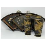 Two Chinese Shadow Box Art, Two Metal Asian Vases