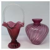 Fenton Cranberry Basket, Pilgrim Glass Vase