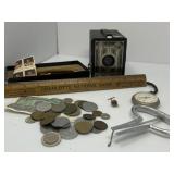 Vintage Camera, Stamps, Coins, and Pocket Watch