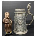 Pewter Beer Stein with Monk Figurine