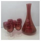 Vintage Cranberry Glass Wine Decanter and Glasses