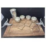 Vintage Meat Board with Pewter Cups