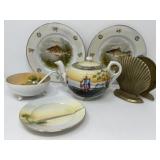 Asian Teapot, Plates, Bowl, Brass Bookends