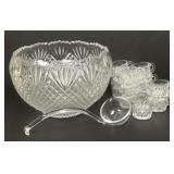 Glass Punch Bowl with Ladle and Cups