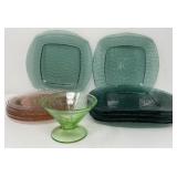 Pink Depression Glass, Uranium Glass, Teal Plates