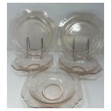 Pink Depression Glass, Two Platters, Three Bowls