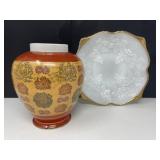 Gold Edged Milk Glass Plate and Painted Vase
