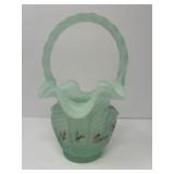 Fenton Satin Green Basket Signed
