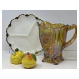 Mosser Carnival Glass Pitcher, Milk Glass Plate