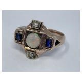 Gold Art Deco Ring with Opal, Sapphire, Diamonds