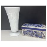 Blue/ White Porcelain Box, Milk Glass Vase