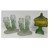 Satin Art Glass Candleholders, Candy Dish