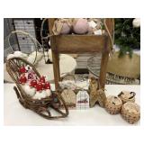 Wooden Shelf with Ornaments and Sleigh