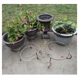Four Plastic Planters and Two Metal Plant Stands