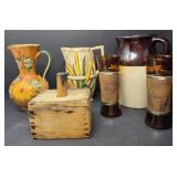 Antique Wooden Butter Mold, Amber Glass Tumblers