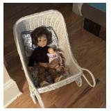 Wicker Baby Doll Stroller & Three Dolls B