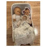 Wicker Baby Doll Stroller & Three Dolls A