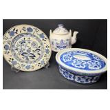Blue and White Teapot, Plate and Crock