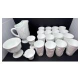 Milk Glass Pitcher, Compote, 18 Glasses