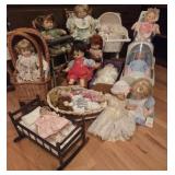 Collection of Porcelain Dolls, Cradles, Carriages