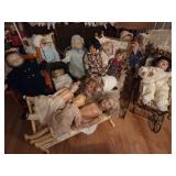 Collection of Vintage and Antique Dolls in Chairs