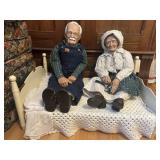 Grandma and Grandpa Porcelain Dolls with Bed