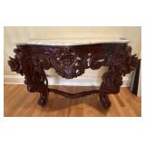 Carved Rosewood Marble Top Console Table