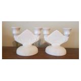 Jeannette Shell Pink Milk Glass Candlesticks