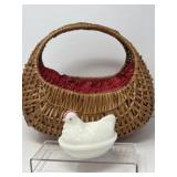 Milk Glass Hen on Nest with Mid-Century Basket