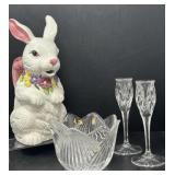 Ceramic Bunny, Gorham Glass Candle Holders, Bowl