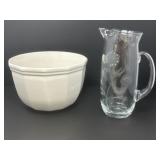 Pfaltzgraff Bowl, Etched Glass Pitcher