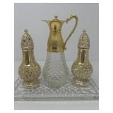 MC Gold Tone Salt and Pepper, Claret Jug, Tray