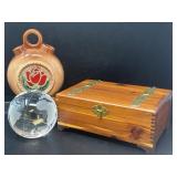 Cedar Jewelry Box, Ceramic Vase, Crystal Globe